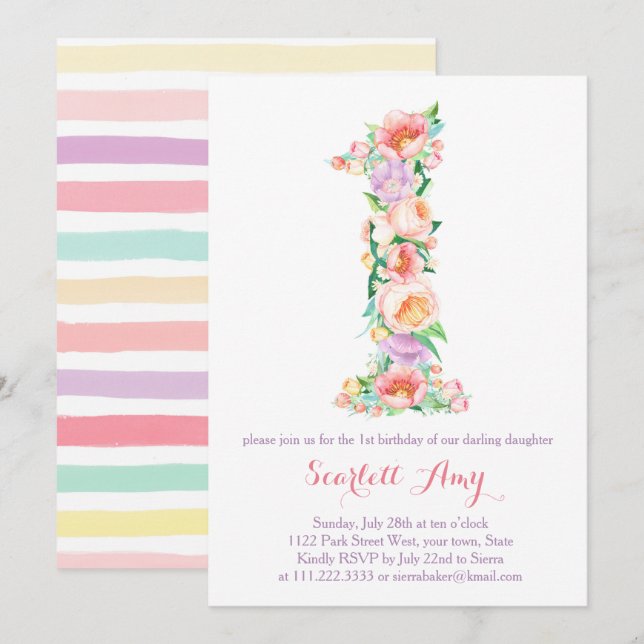 Pastels Printemps Été 1er Anniversaire Invitations (Devant / Derrière)