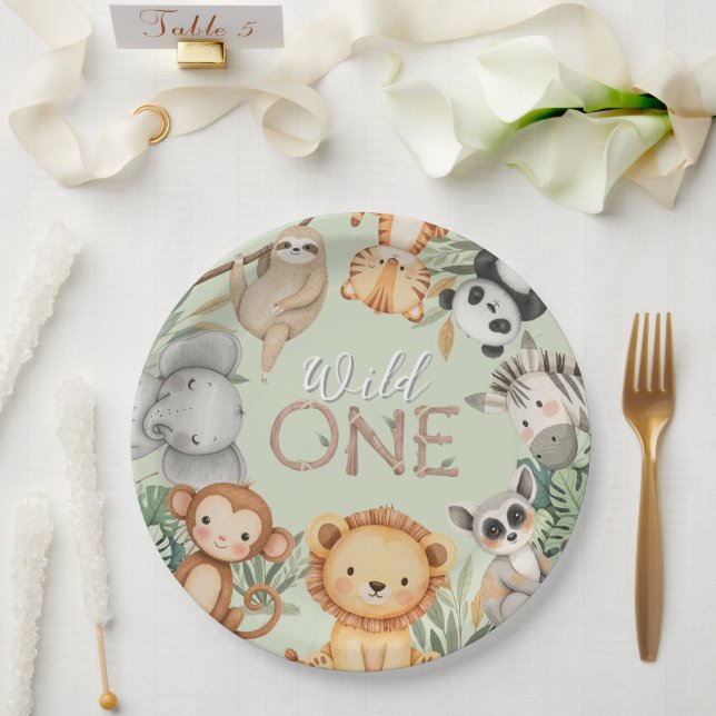 PastelTropical Wild One Jungle Safari Tiere Pappteller (Hochzeit)