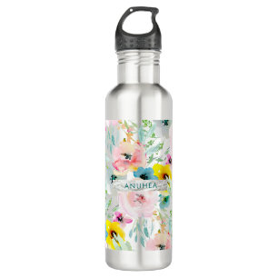 Pastete Aquarellfarben Blume Rosa Aquamarin gelb Edelstahlflasche