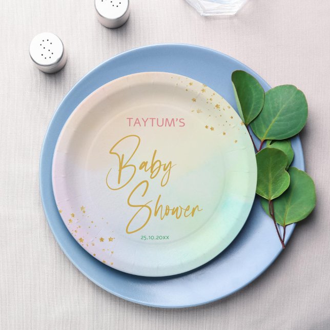 Pastete Regenbogenfarben Babydusche bedruckt Pappteller (Pastel rainbow ombre baby shower monogram printed paper plates template personalized table decor)
