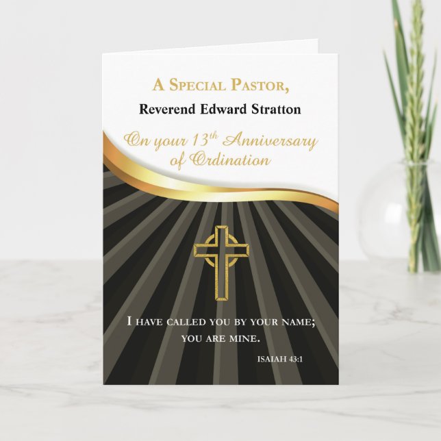 Pastor 13 Jahre Ordination Anniversary Black Gold Karte (Vorderseite)