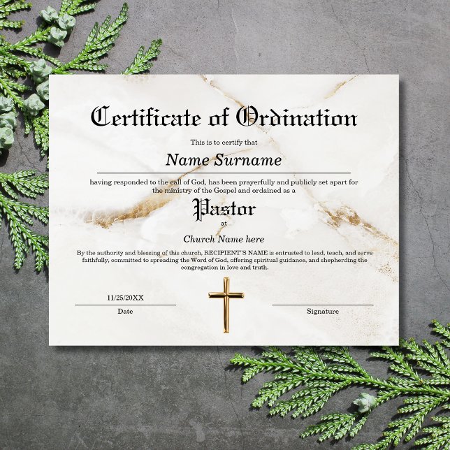 Pastor Church Certificate of Ordination (certificate of ordination with white marble background and a gold cross)