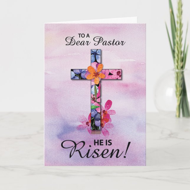 Pastor Oaster Er ist Risen Cross Wasserfarbe Blume Karte (Vorderseite)