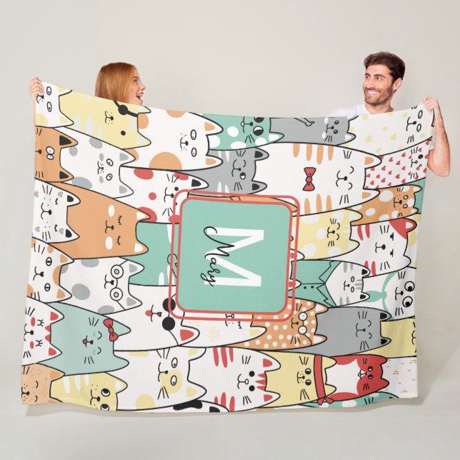 Pastor Watercolor Kat-Kätzchen Name Monogram Kids Fleecedecke (Beispiel)