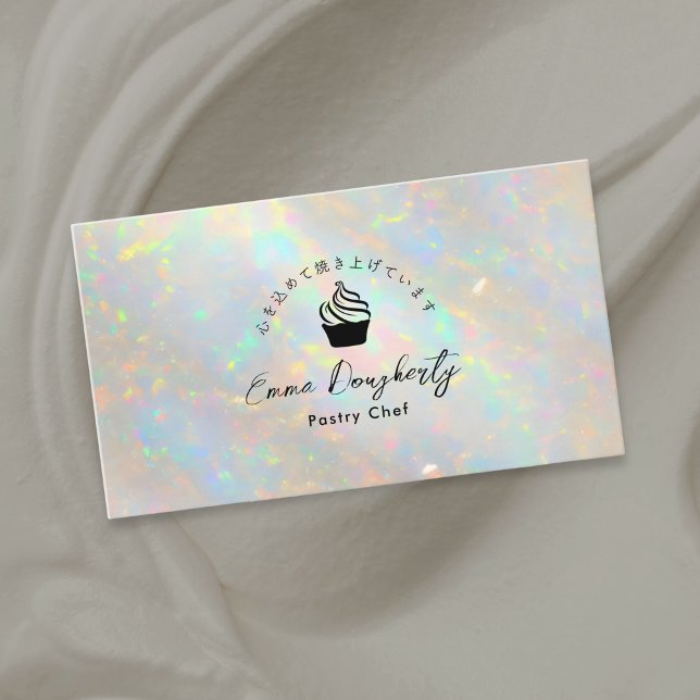 Pastry Chef Holographic White Opal Cupcake Visitenkarte (Von Creator hochgeladen)
