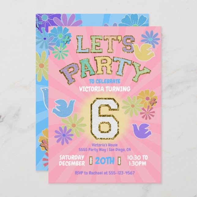 Patch Letter Birthday Party Retro Preppy Hippie Einladung (Vorne/Hinten)