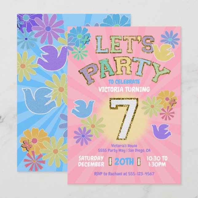 Patch Letter Birthday Party Retro Preppy Hippie Einladung (Vorne/Hinten)