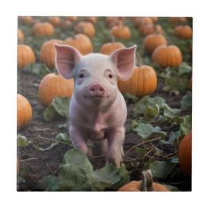 **"Patch of Joy: A Happy Baby Pig Under Pumpkins"* Fliese