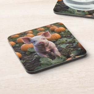 **"Patch of Joy: A Happy Baby Pig Under Pumpkins"* Getränkeuntersetzer