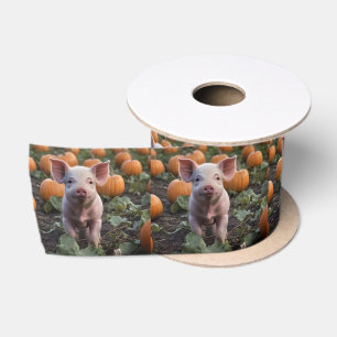 **"Patch of Joy: A Happy Baby Pig Under Pumpkins"* Satinband