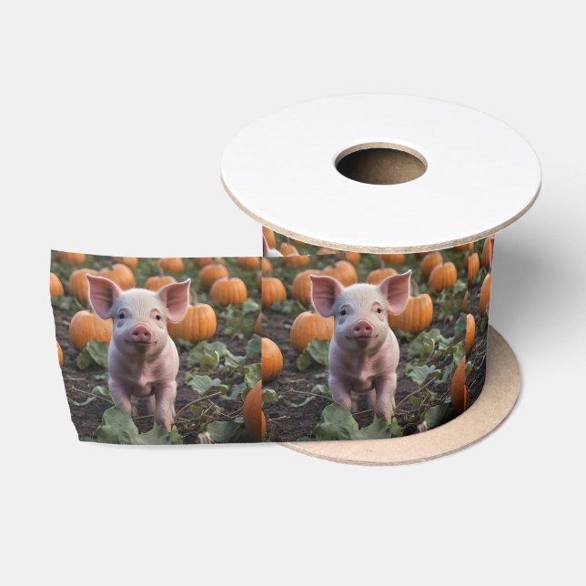 **"Patch of Joy: A Happy Baby Pig Under Pumpkins"* Satinband (Spule)