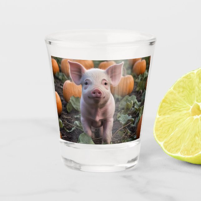 **"Patch of Joy: A Happy Baby Pig Under Pumpkins"* Schnapsglas (Vorderseite)