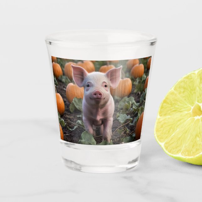 **"Patch of Joy: A Happy Baby Pig Under Pumpkins"* Schnapsglas (Vorderseite)
