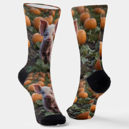 **"Patch of Joy: A Happy Baby Pig Under Pumpkins"* Socken