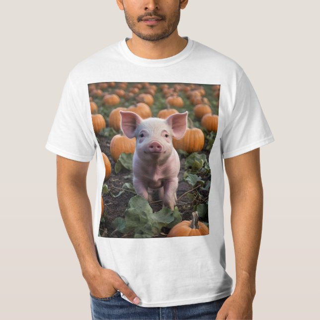 **"Patch of Joy: A Happy Baby Pig Under Pumpkins"* T-Shirt (Vorderseite)