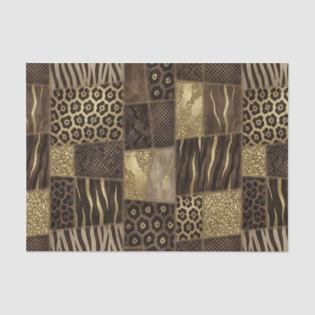 Patchwork-Afrika-Tierdruck | Braun & Gold Seidenpapier (Vorderseite)