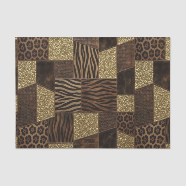 Patchwork-Afrika-Tierdruck | Braun & Gold Seidenpapier (Vorderseite)