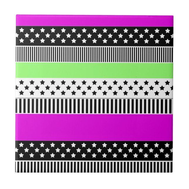 Patchwork aus schwarz-weiß und neonfarbenen Streif Fliese (Vorderseite)