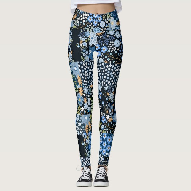 Patchwork Blaue Blumen: Nahtlose Stoffe. Leggings (Vorderseite)