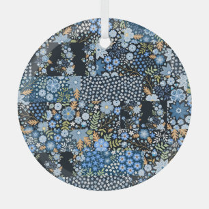 Patchwork Blaue Blumen: Nahtlose Stoffe. Ornament Aus Glas