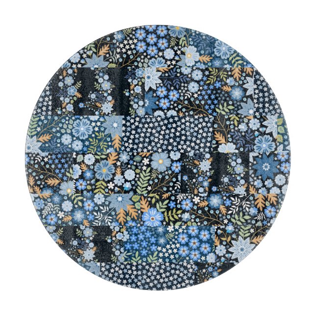 Patchwork Blaue Blumen: Nahtlose Stoffe. Schneidebrett (Vorderseite)