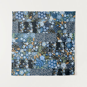 Patchwork Blaue Blumen: Nahtlose Stoffe. Wandteppich