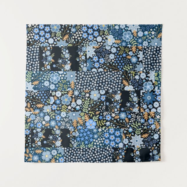 Patchwork Blaue Blumen: Nahtlose Stoffe. Wandteppich (Vorderseite)