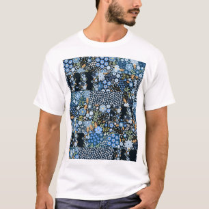 Patchwork blaue Blumen: Nahtloser Stoff. T-Shirt