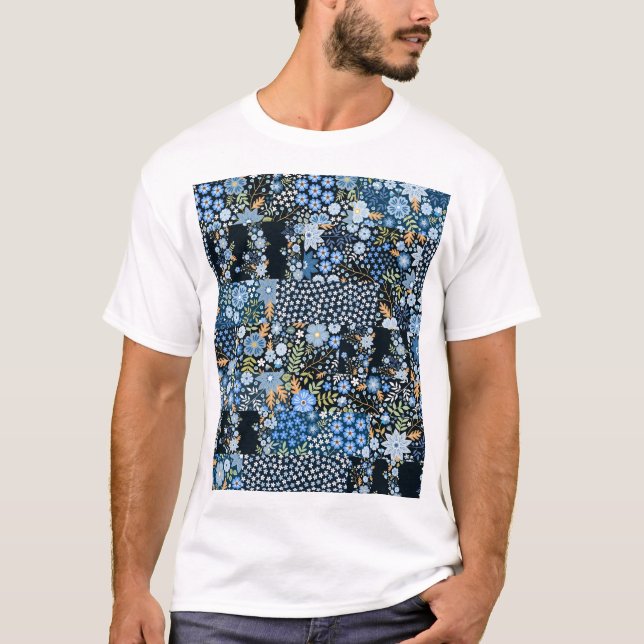 Patchwork blaue Blumen: Nahtloser Stoff. T-Shirt (Vorderseite)
