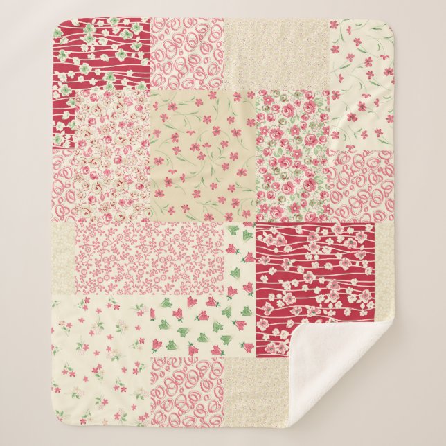 Patchwork Blumen: Handgezeichnete Ornamente. Sherpadecke (Vorderseite)