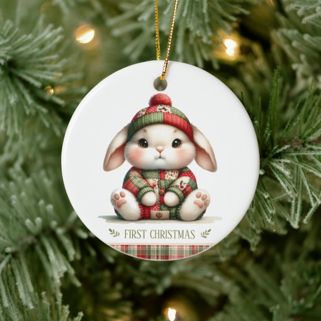 Patchwork Bunny First Christmas Keepsake Photo Keramik Ornament (Baum)