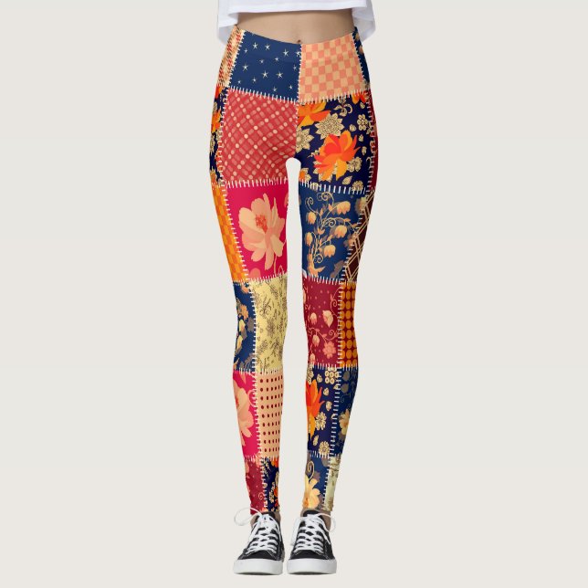 Patchwork-Charme: Blumen und geometrische Mischung Leggings (Vorderseite)