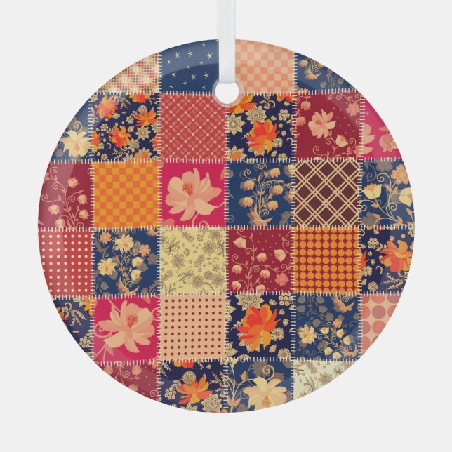 Patchwork-Charme: Blumen und geometrische Mischung Ornament Aus Glas (Vorderseite)