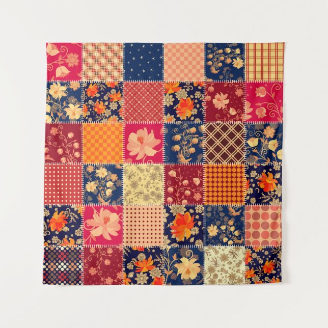 Patchwork-Charme: Blumen und geometrische Mischung Wandteppich (Vorderseite)