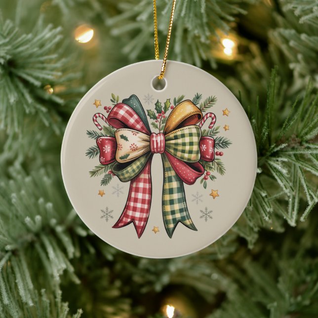 Patchwork Christmas Bow Cozy Rustic Holiday Keramik Ornament (Baum)