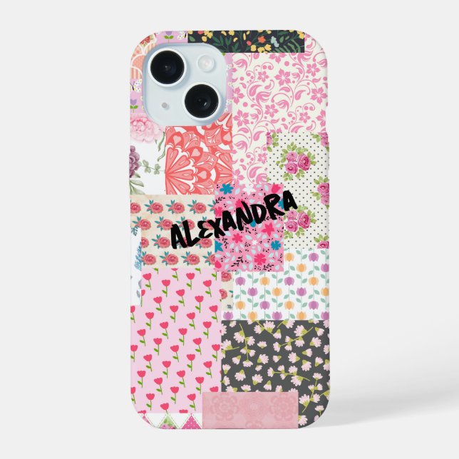 Patchwork Collage, farbenfroh & kreativ Handy Case iPhone 15 Hülle (Rückseite)