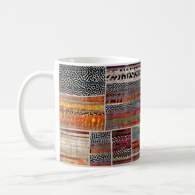 Patchwork-Collage: gemustertes Quiltmuster. Kaffeetasse (Links)
