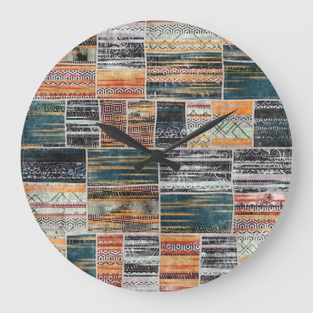 Patchwork-Collage-Mix, Quilt-Musterdruck. Große Wanduhr (Vorderseite)