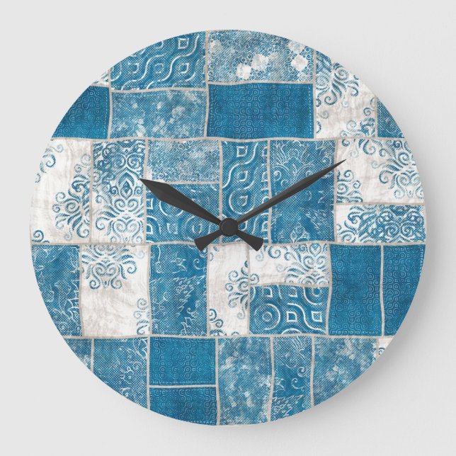 Patchwork-Collage: Quilt-Muster-Mix Große Wanduhr (Vorderseite)