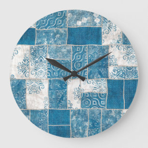 Patchwork-Collage: Quilt Pattern Mix Große Wanduhr