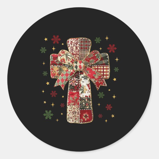 Patchwork Cross Christian Christmas Coquette Bow  Runder Aufkleber (Vorderseite)