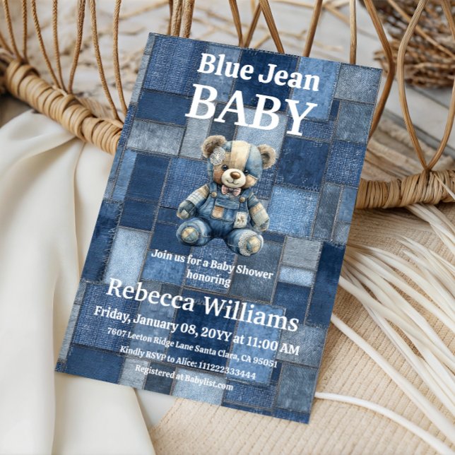 Patchwork Denim Bear Boy Blue Jean Baby Shower Einladung (Von Creator hochgeladen)