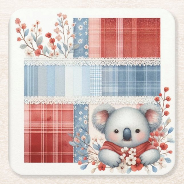 Patchwork Denim Koala Square Paper Coasters Rechteckiger Pappuntersetzer (Vorderseite)