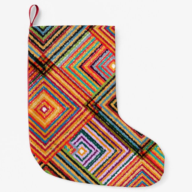 Patchwork-Design mit aztekischen Quadraten. Kleiner Weihnachtsstrumpf (Vorderseite)