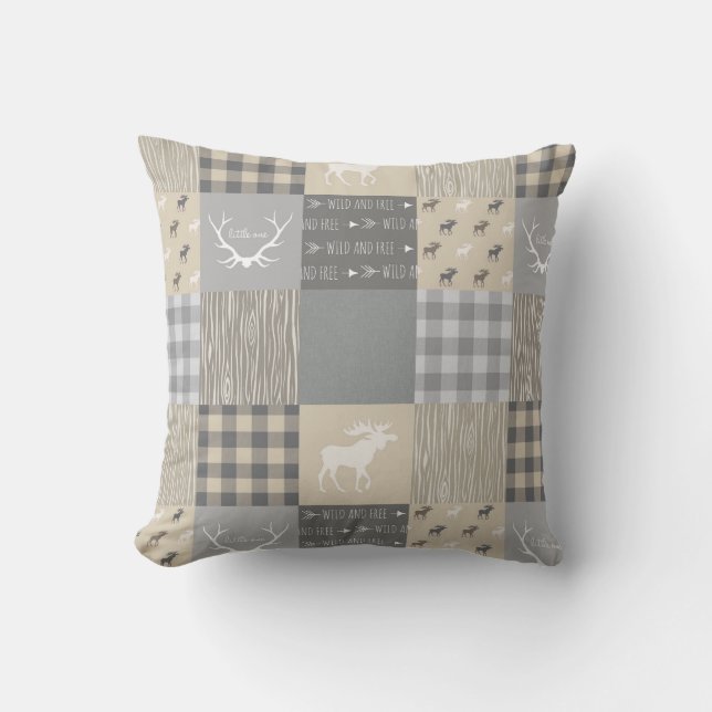 Patchwork Elch - Grau/Tan Kissen (Vorderseite)