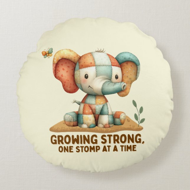 Patchwork-Elefant „Stark werden“ Rundes Kissen (Vorderseite)