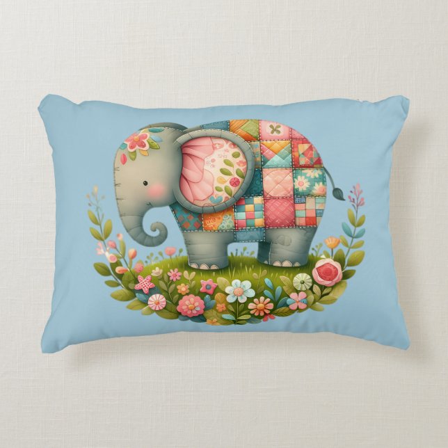 Patchwork-Elefanten-Blumenwiese-Charm Dekokissen (Vorderseite)