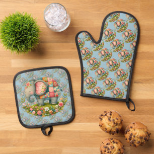 Patchwork-Elefanten-Blumenwiese-Charm Ofenhandschuh & Topflappen-Set