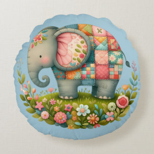 Patchwork-Elefanten-Blumenwiese-Charm Rundes Kissen