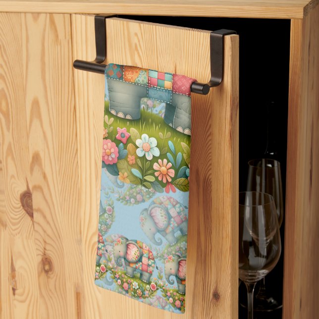 Patchwork-Elefanten-Blumenwiesen-Charm Geschirrtuch (Drittel gefaltet)